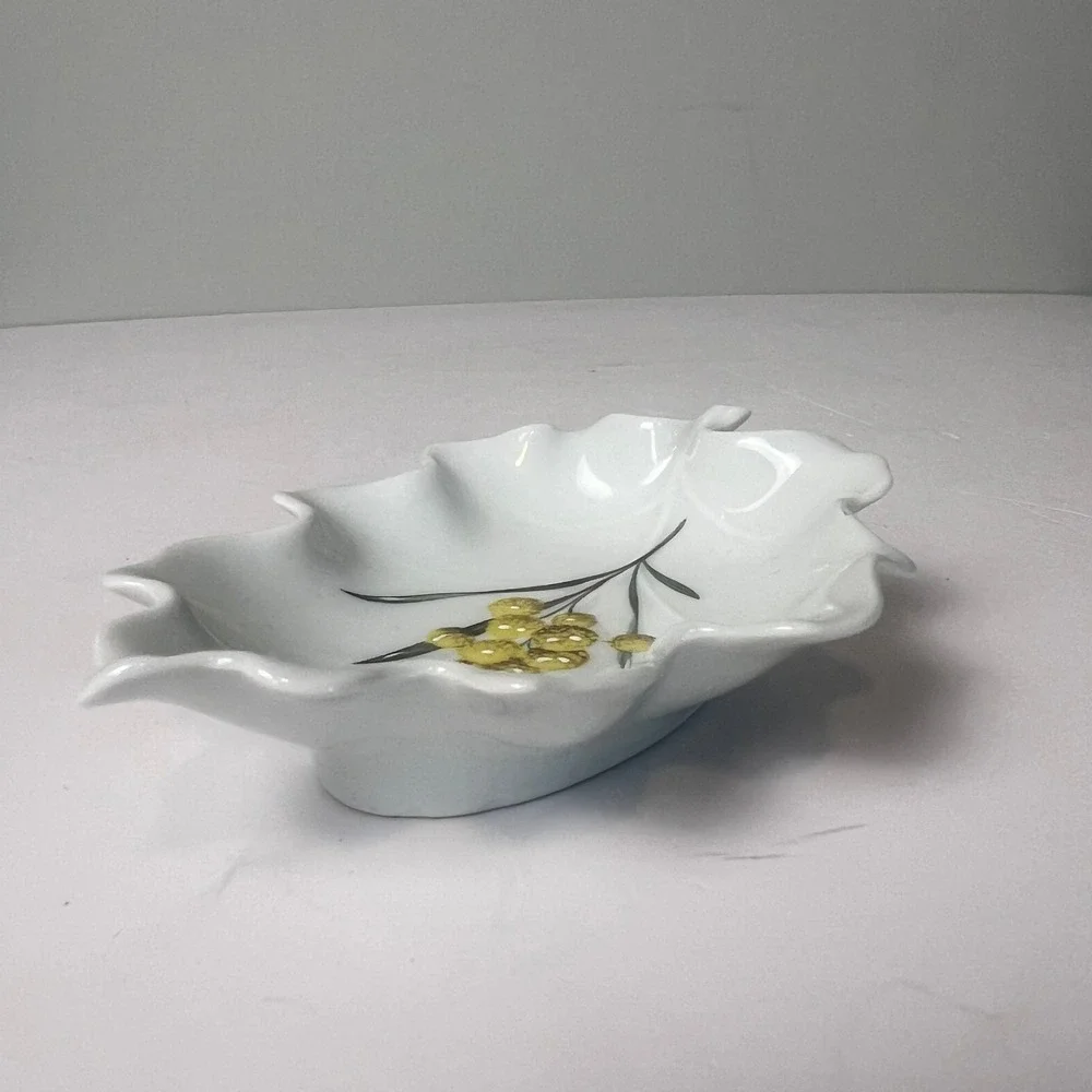 Chamart Limoges Trinket Dish VTG Scalloped Candy Yellow Leaf Floral French Decor